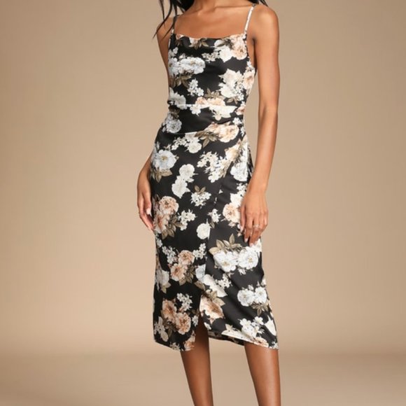 Lulus Dresses & Skirts - Lulu's Black Floral Print Satin Midi Dress Size L